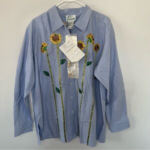Sunflower Embroidered Blue Women's Button Up Shirt NWT Button Covers 100% Cotton